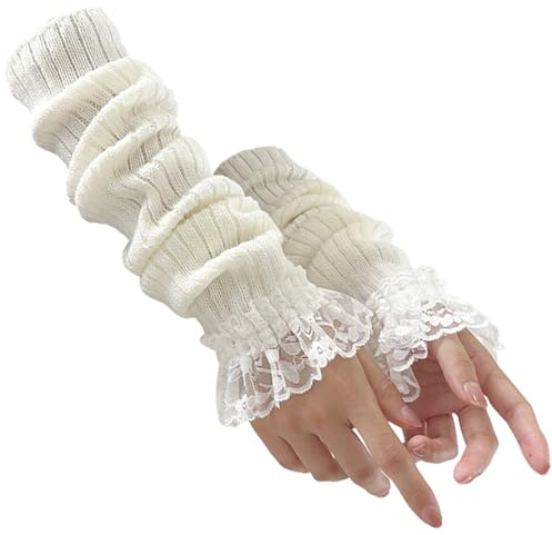 Licsaliwe Y2K-Armstulpen 45, 7 cm Elegante gestrickte Fingerlose Armstulpen mit Spitzenfront warm und Winddicht stilvolle Y2K-Handgelenkstulpen für JK-Uniformen und Lolita-Outfits