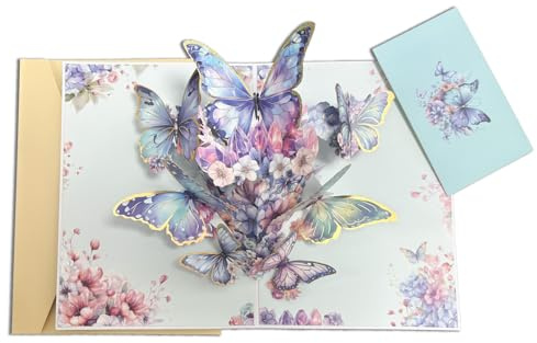 Chtaoxin 3D Pop up Butterfly Card, with Notecard & Envelope Pop up Butterfly Flower, Anniversary Birthday Card Delicate Gift for Women Flower Greeting Cards Valentine's Day Mother’s Day