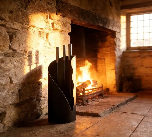 Kingson Modern Fireplace Companion Set with Stand - 3 Tools, 52.5cm Height, 18cm Cylinder Base, Black Stainless Steel Handles - Fireplace Accessories for Hearth, Wood Stove & Fire Pit