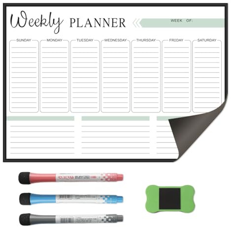 Planificador semanal magnético lavable para frigorífico, planificador familiar, planificador de comidas, lista de tareas de trabajo, planificador del hogar con 3 colores bolígrafos y borradores