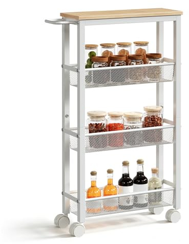 HOOBRO 4-stöckiger Servierwagen mit Rollen und verstellbaren Füßen, Rollwagen mit Zaun, Küchenwagen, Küchenregal, Barwagen, für Küche, Wohnzimmer, Esszimmer, Badezimmer, Weiß und Natur EWN71TC01