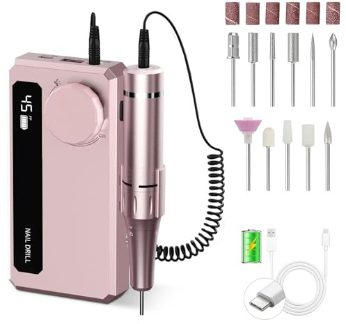 Rechargeable Nail Drill 45,000 RPM, Portable Electric Nail File for Acrylic Gel Polishing and Removal—Nail Dremel Tool for Women, Ideal for Home DIY or Salon, Pink