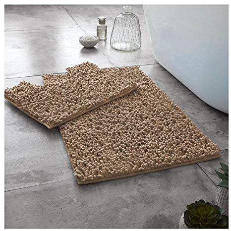 Lions Luxury 2 Piece Loop Bath Mats for Bathroom - Non Slip Chenille Bath Mat Set Rugs, Extra Soft with Water Absorbent Pedestal Bathmat Shower Toilet Mat, Natural
