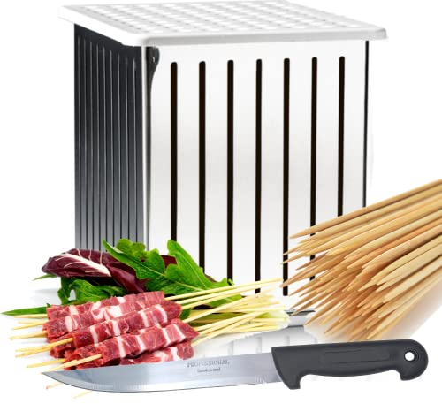 Antech Cubo Fabbrica Arrosticini Inox - Produzione Artigianale di Spiedini Carne, Pesce, Frutta, Kebab e Barbecue - 100 pz, 200 Stecconi e Coltello Inclusi