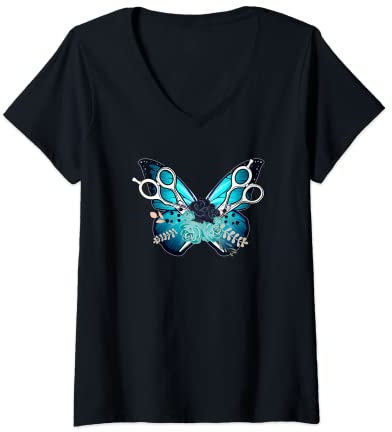 Damen Friseur · Friseurin ·Hairstylistin Tattoostyle Barbershop T-Shirt mit V-Ausschnitt