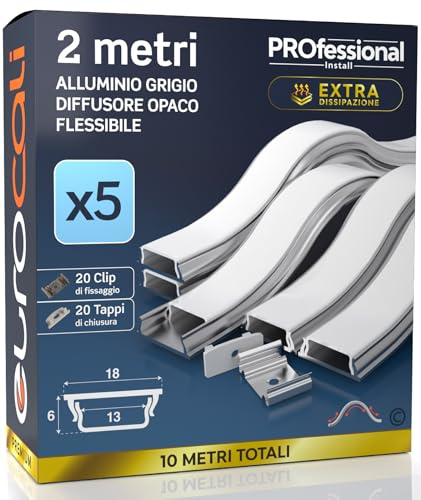 5x Profilo Flessibile da 2 metri (10mt) in Alluminio per Strisce LED Copertura Opaca 18 x 6 mm - Barra per Strip LED, Dissipatore