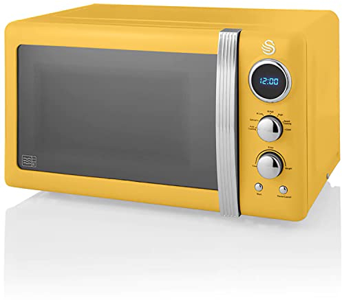 Swan Retro SM22030YELNEU Microonde Digitale 20L, 5 Livelli di Potenza, Funzione di Scongelamento, Timer 60 Minuti, Piatto Girevole 27 cm, Giallo