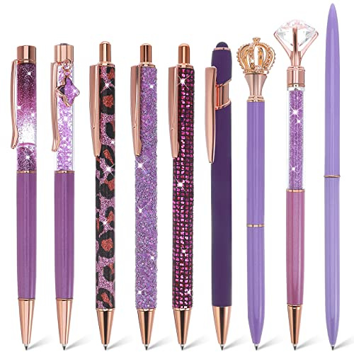 TIESOME 9 stycken söta kulspetspennor i set, lila fina pennor, bling, glitter, metallpenna för anteckningar, med svart bläck, infällbara pennor, present för kvinnor, flickor, brudtärna och bröllop