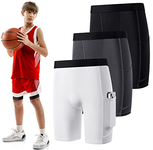 Handepo 3 Pack Youth Boys Compression Shorts with Side Pockets Performance Base Layers Athletic Underwear Workout for Kids (Medium)
