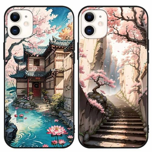 PBNDJVG 2 Pièces Coque pour iPhone 11 6.1 Pouce, Fleurs de Cerisier du Japon Dessin Animé Aesthetics Motif Étui Protection Housse de Silicone TPU Souple Antichoc Case, Noir 5