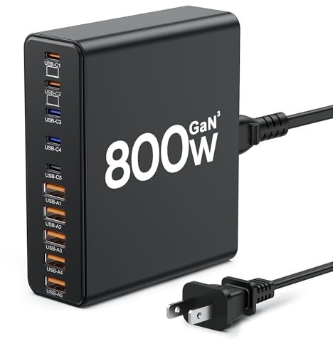 800W USB C Charger Block,10-Port Charging Station GaN Fast Charging Type C & USB A Wall Charger Adapter for MacBook Pro/Air,iPhone,iPad,Dell XPS,Samsung Galaxy (Bright Black)