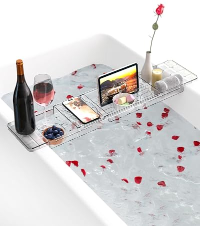 Bandeja para Bañera Acrílico, Bandeja Retráctil, Bandeja para Bañera para Copas de Vino, Libros, Tabletas, iPad y Teléfono, Accesorios de Baño Transparente