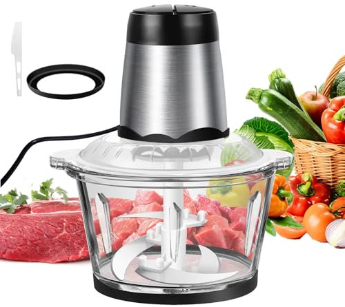 300W Electric Food Processors & Chopper with 2L Glass Container, 4 Stainless Steel Blades, 2 Speed Settings, One Touch Operation, Easy to Clean, Silent Design, Mini Chopper for Meat, Fruit, Vegetable
