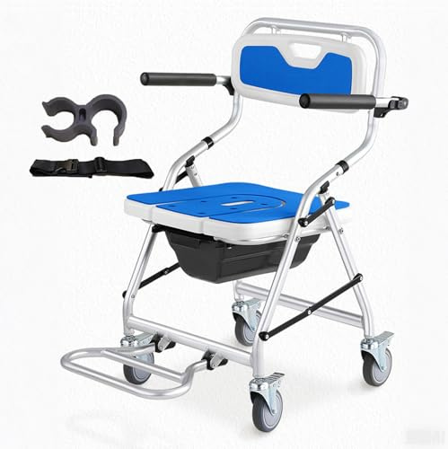 Toilettenstuhl für Senioren mit Rollen, Duschstuhl mit Rollen für Behinderte, Toilettenstühle Für Ältere Und Behinderte, Toilettenstuhl Klappbar Mit Urineimer, Tragfähigkeit 150kg (Blue, 64x55x88cm)