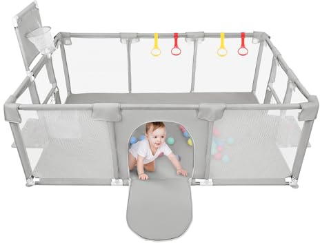 Laufgitter mit 50 Kunststoffbällen Spielplatz, faltbar, Basketball, 4 Zugringe + 4 Saugnäpfe, 180 x 120 x 66 cm, 50 Bälle + 4 Ringe + 4 Saugnäpfe, hellgrau