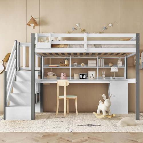 Arhatreya Loftsäng, 90 x 200 cm, barnsäng med sidostege, ungdomssäng, med skrivbord och skåp, träsäng med öppen hylla, säng för barn, ungdomar (utan madrass), furu + MDF