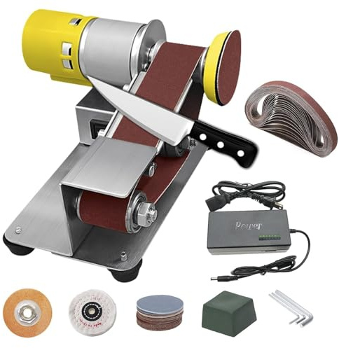 Mini lijadora de banda, afilador de cuchillos eléctrico, amoladora eléctrica con 7 velocidades ajustables, lijadora de pulido de 15° for bricolaje, madera, joyería, metal y manualidades.