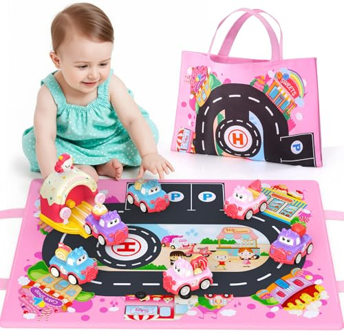 Geebiiny Kids Toys for 1 2 3 Year Old Girls - 6 Pull-Back Cars with Launcher & Storage Playmat | Unicorn Gifts for Girl Birthday Presents 1-3 Year Old Girl Gifts | Toddler Vehicle Set