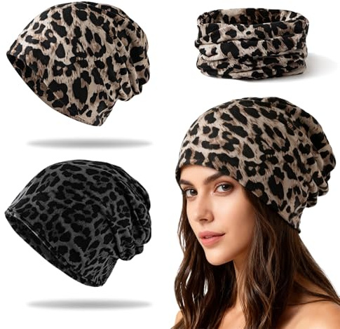 BSITSSS Set med 2 halsdukar för kvinnor, 2-i-1, leopard, halsduk, klassisk, mode, leopard, snood, hatt, för kvinnor, vinter, födelsedagspresent, modeaccessoar