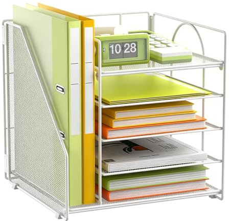 Schreibtisch Organizer, 5-Stufig Briefablage mit Aktenhalter, Weiß | Netz Dokumentenablage, Verstellbare Büro Organizer Für Ablagen Büromaterial und Schreibtischzubehör & Ablage