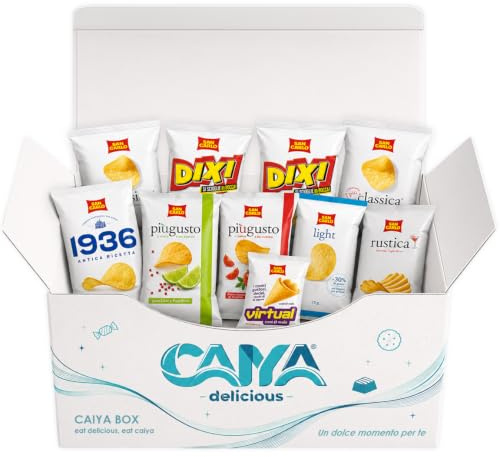 CAIYA BOX San Carlo Aperitivo da 10 Pezzi - Bustine Assortite da 20-25g - Patatine e Snack Monoporzione - Gusti Casuali tra Antica Ricetta, Classica, Dixi, Light, Più Gusto, Rustica e Virtual