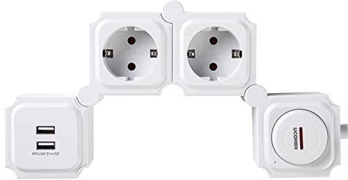 UCOMEN Steckdosenleiste Überspannungsschutz Mehrfachsteckdose mit USB-Ladefunktion,2 Fach Steckdosenadapter,180 Grad Drehen Steckdosenverteiler für Reise mit Schalter, zu Hause 3680W 16A,Weiß