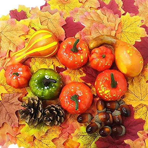 Qunkun 100 pièces Ensemble de citrouilles artificielles Mini citrouilles Feuille d'érable Artificielle Ensemble de citrouilles Décoration Fête de Thanksgiving Pomme de pin Décoration d'automne