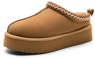 DREAM PAIRS Damen Hausschuhe aus echtem Wildleder, gemütliche Plattform-Slipper für Frauen, flauschige, warme und bequeme Schuhe für drinnen und draußen.,Size 38,Chestnut,SDSL2413W