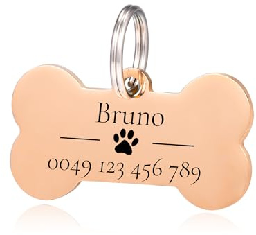 Rosegold Hundemarke Knochen mit Gravur - Edelstahl Hundemarke mit Name, Telefonnummer - Hundemarke personalisiert mit Symbolen Dog Tag Namensschild für Halsband und 2 Schlüsselringe