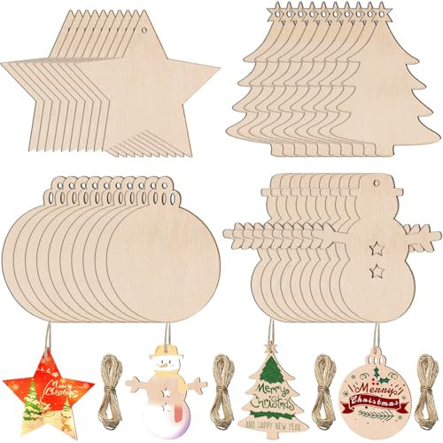 Ezydka Décorations de Noël en bois 40 pièces - Boules de Noël en bois pour bricolages DIY, étoile, arbre, bonhomme de neige, disque