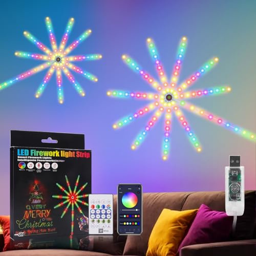 KISUFU USB Feux d'Artifice, IP65 Étanche 24 touches IR RGB Bluetooth musique Colorful Firework Lights pour Extérieur Patio Pelouse Noël Décoration de chambre à coucher.