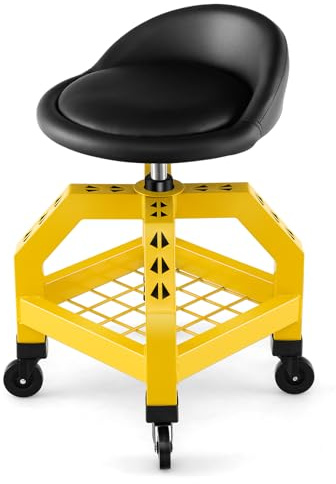 COSTWAY Tabouret d'Atelier Roulant Réglable en Hauteur 66,6-79,5 cm, Siège de Mécanicien avec Plateau à Outils 4 Roues Universelles Charge 150 kg, pour Garage Atelier (Jaune)