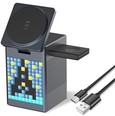 BrightLink Chargeur Induction 3 en 1 Compatible iphone, Apple Watch et airpods - Station de Charge magsafe avec Enceinte Bluetooth, Horloge réveil et animations Pixel - Chargeur magsafe pour Apple