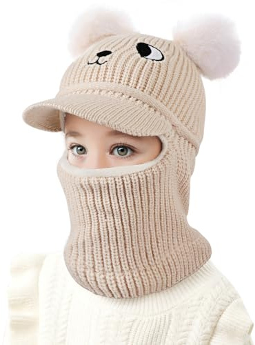 TAGVO Vintermössa för barn pojkar flickor 1–6 år, multifunktionell vindtät varm balaklava fleece skidmask, slip-mössa ullmössa, stickad mössa med halsvärmare, Beige, one size