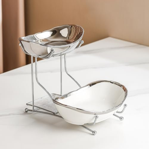 2 Tier Ceramic Fruit Bowl with Metal Stand Elegant Tiered Fruit Basket for Kitchen Counter Perfect for Fruit Vegetables Snacks Nuts Cakes and Desserts Silver Display Stand