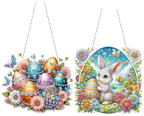 CXINLky DIY Diamond Art Painting Anhänger mit Kette Ostern, Ostern Diamant Painting Fensterbilder, 5D Diamond Osterei Malerei Wandbehang Kits für Fenster Wand Garten Decor-2 Stuck-B