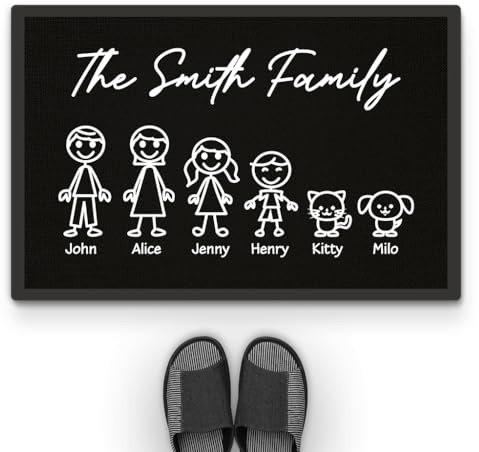 Personal Chic Personalised Door Mat - Black White The Family - Personalised Rug, personalised mats, welcome mat, custom door mat (5 Members)