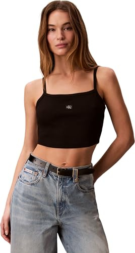 Calvin Klein Camiseta de Tirantes Mujer Woven Label Rib Cropped, Negro (Black), S