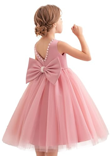 JiAmy Girls Dress Wedding Flower Girl Bridesmaid Backless Bowknot Tulle Tutu Princess Dresses Baptism Birthday Party Gown for 2-3 Years Pink