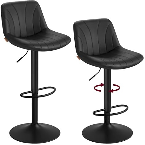 VASAGLE Taburetes de Bar, con Respaldo, Sillas de Bar de Altura Ajustable, Giro de 360°, Reposapiés de Metal, para Comedor y Cocina, PU, Juego de 2, Negro Tinta LJB181BH01