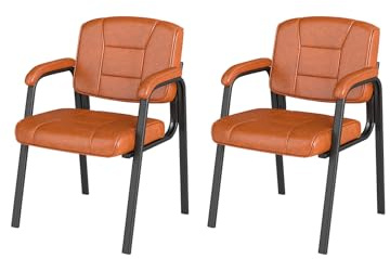 GIANTEX Lot de 2 Chaises de Conférence en Cuir Synthétique, Dossier et Accoudoirs Rembourrées, Cadre en Métal, Jusqu'à 180 kg, Chaise Visiteur pour Bureau, Salle de Conférence, Marron