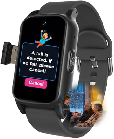 VCYEX Reloj Localizador Personas Mayores, Detección De Caídas SOS GPS Posicionamiento Smart Watch para Personas Mayores, Videollamadas, Reloj InteligenteBlack,1.25 * 0.57 * 2.22inch