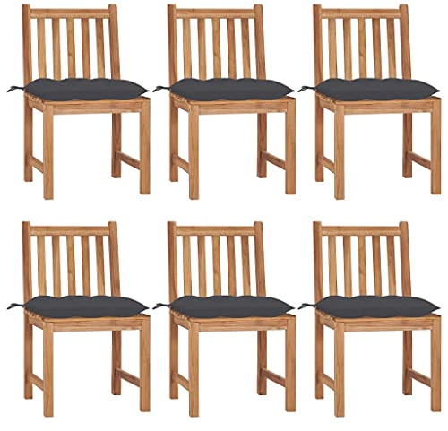 Mokuyary Trädgårdsstolar, set om 6 med kuddar, massivt trä, teak, balkongstol, terrassstolar, matstolar för terrass, trädgård, balkong – E