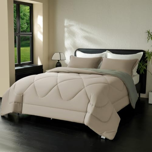 beeweed Edredón reversible para todo el año, 155 x 220 cm, certificado Öko-Tex, 300 g/m², para las 4 estaciones, edredón de microfibra suave con fundas de almohada, color caqui y verde oscuro