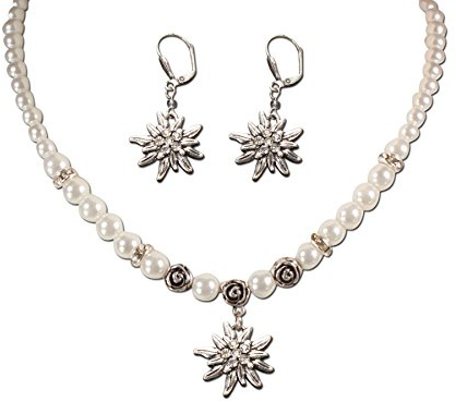 Alpenflüstern Traditional bavarian jewelry set pearl necklace and earrings rhinestone Edelweiss, Ladies costume jewelry, traditional german flower pendant, Dirndl, Oktoberfest (cream-white)