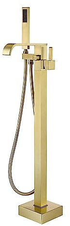 Freestanding Bathtub Faucet, Tub Filler Floor Mount Faucets Brass Single Handle with Hand Shower Square High Flow Bath Shower Mixer Taps with Rainfall Hand Shower Waterfall Spout,Brushed Gold