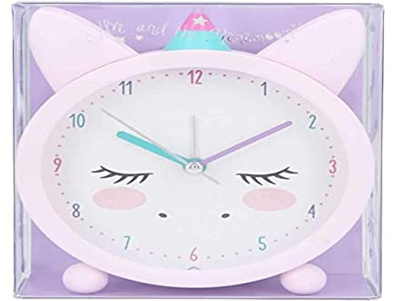 Depesche Ylvi 6551 - Despertador analógico para niñas y Fans de Unicornio, Color Rosa con Orejas y Unicornio, silencioso y con función de luz, Funciona con Pilas