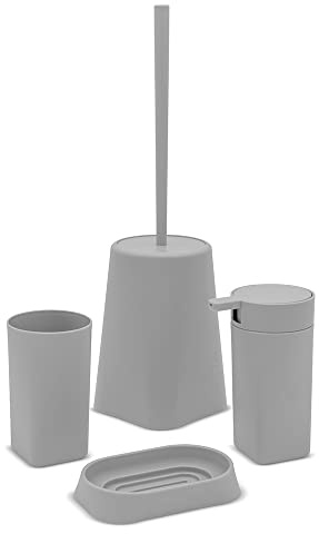 Set bagno accessori completo – 4 pezzi, kit accessori appoggio grigio, include dispenser, portaspazzolini, portasapone e scopino wc, linea Tender