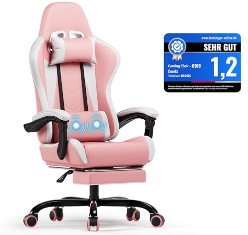 Devoko Sedia da Gaming Massaggiante con Poggiapiedi Telescopico, Sedia Gamer con Cuscino Lombare & Poggiatesta, Ergonomico Sedie da Ufficio Schienale Regolabile 90-135°, Portata 150 kg (Rosa)
