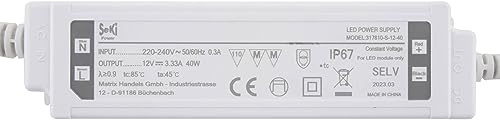 SeKi Pilote LED à tension constante 12 V CC 40 W 3,33 A ; transformateur étanche IP67, bloc d'alimentation, transformateur, bloc d'alimentation à découpage ; pas de charge minimale, pas de